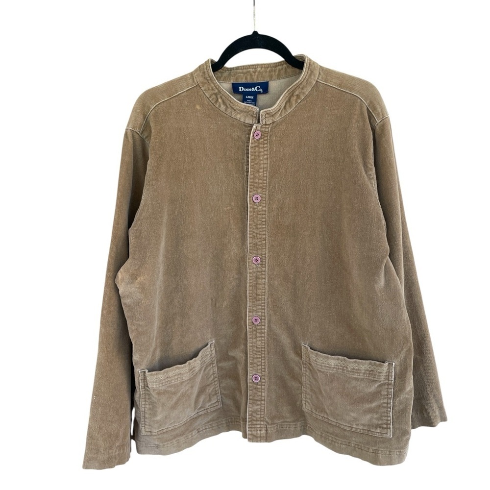 Denim & Co. Corduroy Jacket Size L Utility Button Front Pockets Embroidery Brown